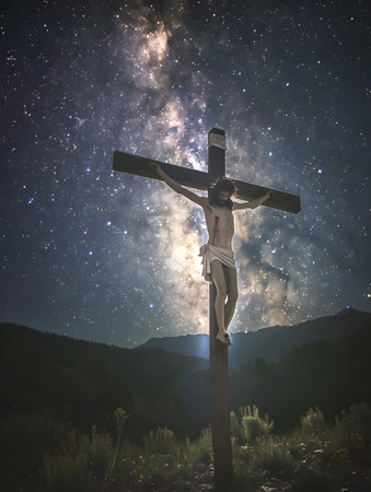 Jesus Christ on the cross against the background of the starry skyの素材