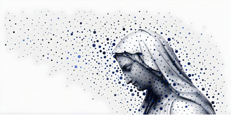 Digital illustration of a holy woman in a veil against a cloudy skyの素材