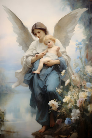 Mother and baby in a blue dress with angel wings on the lakeの素材