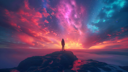 Man standing on the edge of a cliff and looking at the starry skyの素材