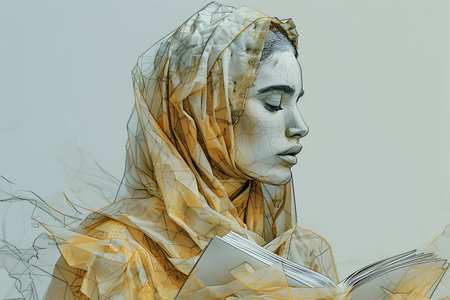 Portrait of a beautiful woman in a veil reading a book.の素材