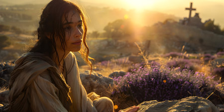 Portrait of a beautiful young woman with long hair sitting on the rocks in the rays of the setting sunの素材