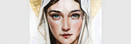 Portrait of the Virgin Mary in a white robe. Horizontal shot.の素材