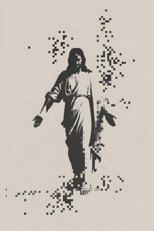 Jesus Christ with a cross in his hands. Pixel art. Vector illustration.の素材