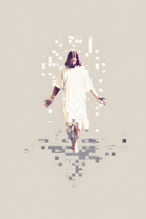 Young woman in white dress jumping high with digital data concept on backgroundの素材