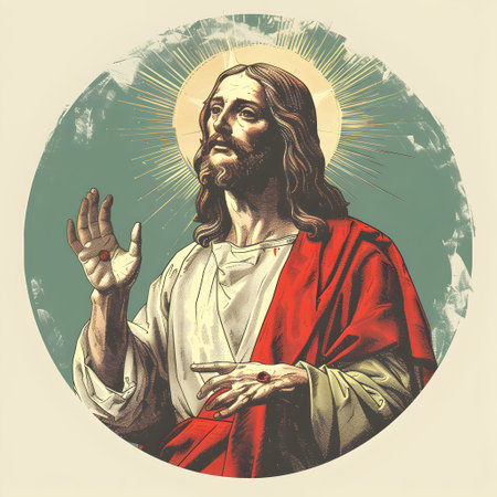 Jesus Christ with the sun in the background. Colorful vintage style.の素材