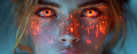 Cyber attack concept. Woman face with red cyber attack eyes.の素材