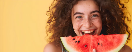 Portrait of a beautiful young woman with a slice of watermelonの素材