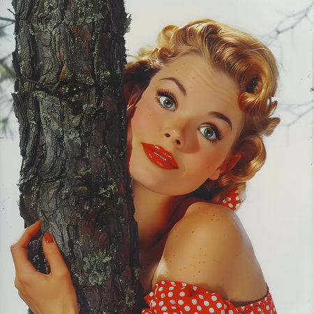 Beautiful young woman in red dress in the forest. Retro style.の素材