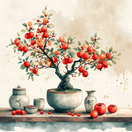 Watercolor painting of a bonsai tree with apples and cupsの素材