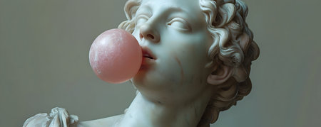 Statue of an angel with a pink ball in his mouth.の素材