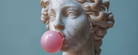 Marble statue of a woman with a pink balloon in her mouthの素材