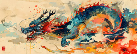 Chinese dragon watercolor painting. Chinese calligraphy translation: Dragon.の素材