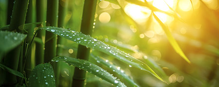 Bamboo leaves with dew drops in the morning. Nature backgroundの素材