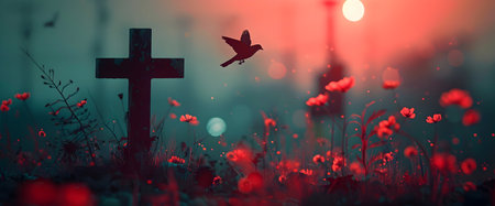 Cross and red poppies in the cemetery at sunset, 3d renderの素材