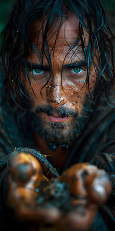 Close-up portrait of a scary man with a spider web on his faceの素材