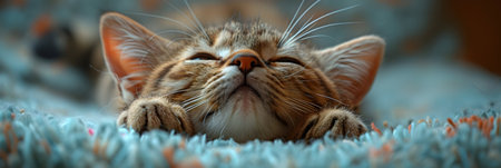 Cute tabby cat lying on a blue blanket and looking upの素材