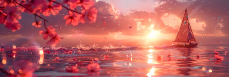 Sailing boat in the sea with pink sakura flowers at sunsetの素材
