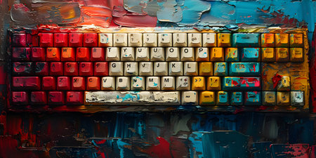 Keyboard with colorful abstract painted background. Computer keyboard closeup.の素材