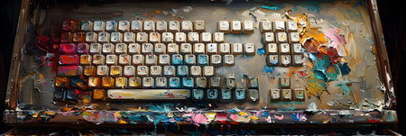 Keyboard of old typewriter with many colorful paints on it.の素材