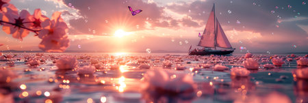 Beautiful seascape with sailboat and flowers at sunset. Panoramaの素材