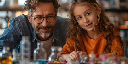 Cute little girl with her father playing board games together at homeの素材