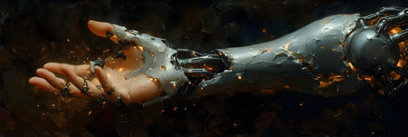 3d rendering of a female cyborg hand with a golden glowの素材
