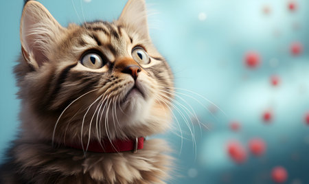 Portrait of a Maine Coon cat on blue background with heartsの素材