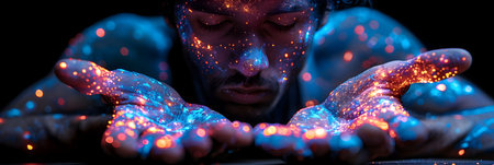 Portrait of a young man with neon lights on his face.の素材