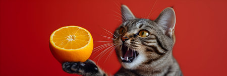 Funny cat with an orange on a red background. Banner.の素材