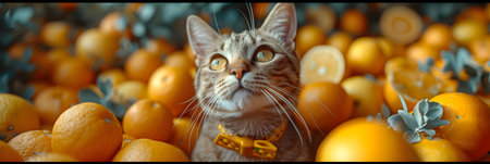 Cute cat and tangerines on a background of oranges.の素材