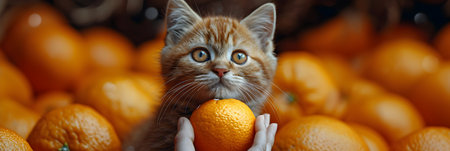 Cute kitten with orange in hands. Selective focus. Animal.の素材