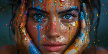 Close-up portrait of a beautiful woman with multicolored paint on her faceの素材