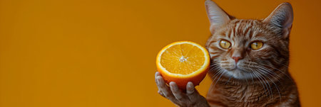 Cute ginger cat holds an orange in his hands. Horizontal banner.の素材