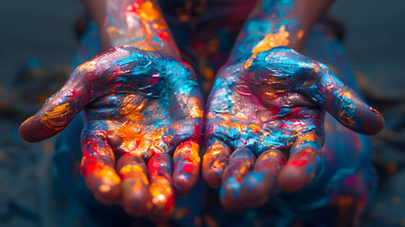 Hands of a woman covered in multi-colored paint, close-upの素材
