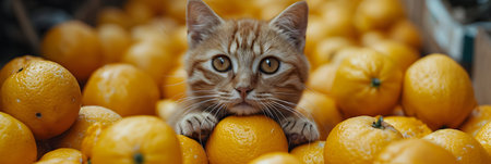 Cute cat sitting on a pile of tangerines. Selective focus.の素材