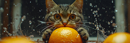 Cute tabby kitten playing with an orange in the kitchen.の素材