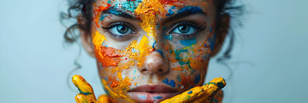 Close-up portrait of a beautiful girl with bright makeup and creative make-up.の素材