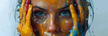 Close-up portrait of a beautiful girl with multicolored makeupの素材