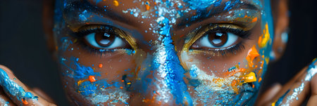 Portrait of a beautiful woman with blue and orange paint on her faceの素材