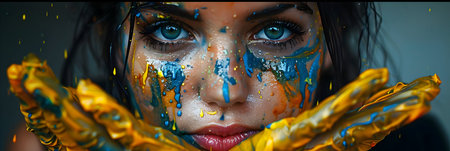 Close-up portrait of a beautiful girl with multicolored makeupの素材