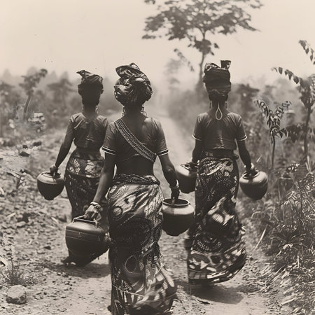 Black and white image of a group of African women carrying water potsの素材