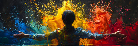Back view of young woman with hands outstretched looking at colorful splashesの素材