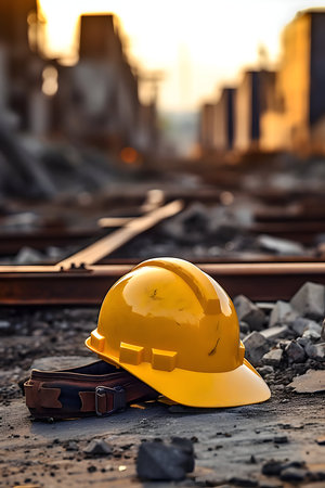Yellow hard hat on the background of the railway track. Selective focus.の素材