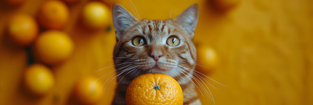 Cute cat with oranges on a yellow background. Selective focus.の素材