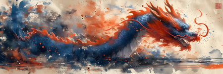 Chinese dragon painting in watercolor style. Chinese characters mean dragon.の素材