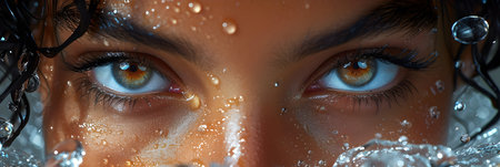 Close-up portrait of a beautiful young woman with blue eyes and wet hair.の素材