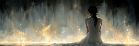 Silhouette of a girl in a long white dress on a background of fire and smokeの素材