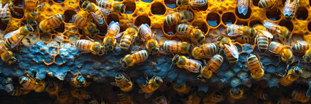 Close up view of the working bees on honeycells. Honeycomb from bee hive filled with golden honey.の素材