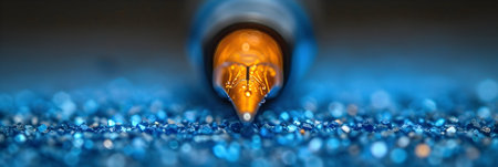 Close-up of a fountain pen on a blue glitter background.の素材